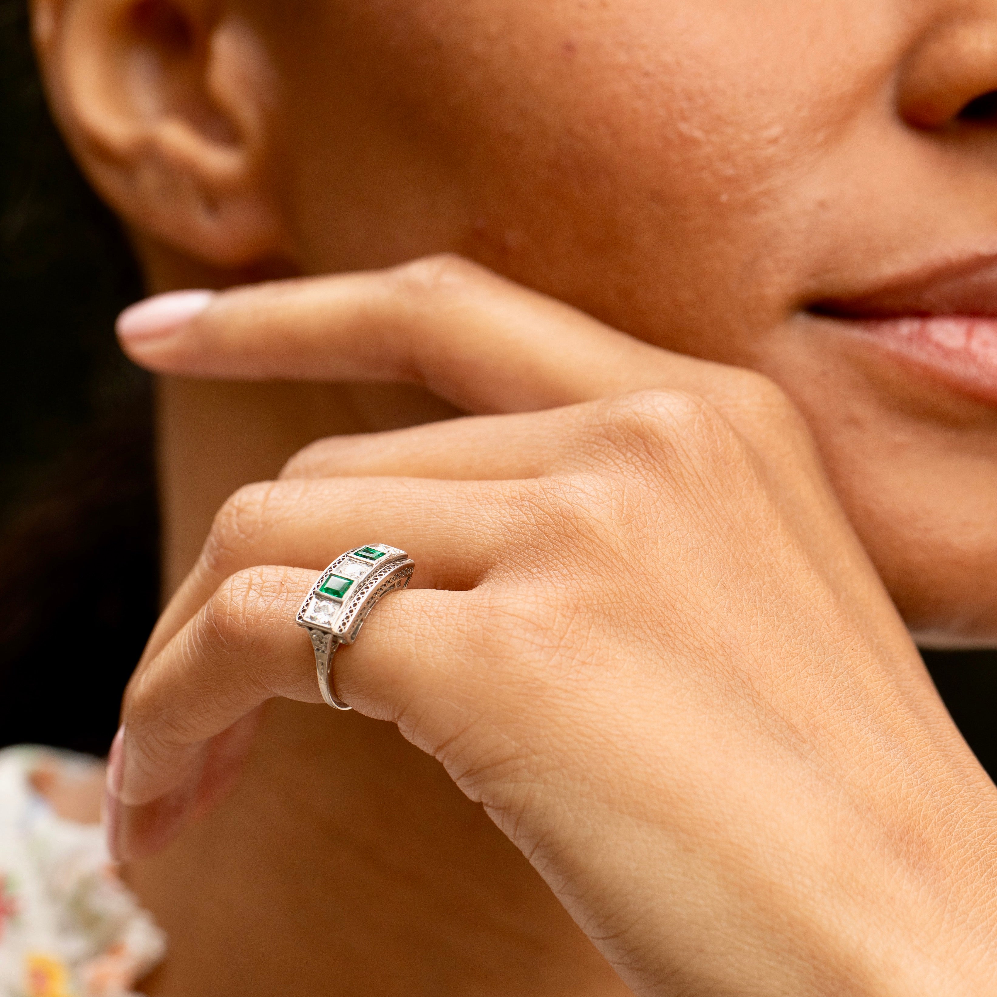 Art Deco Diamond, Emerald, and Platinum Ring