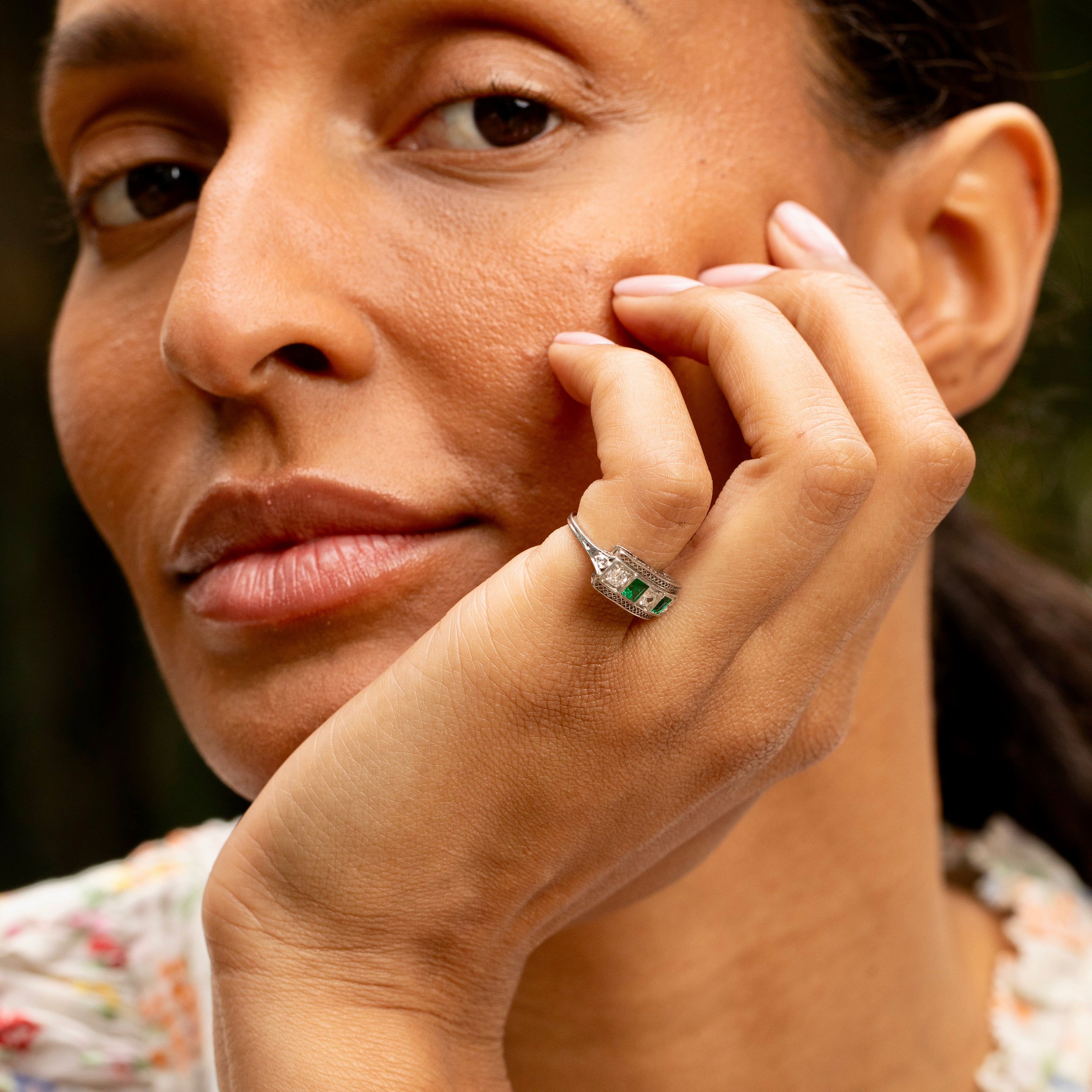 Art Deco Diamond, Emerald, and Platinum Ring