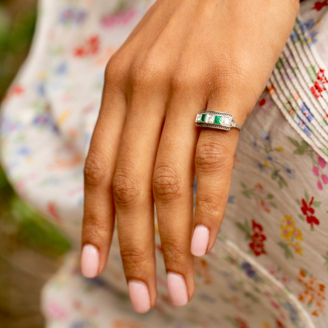 Art Deco Diamond, Emerald, and Platinum Ring