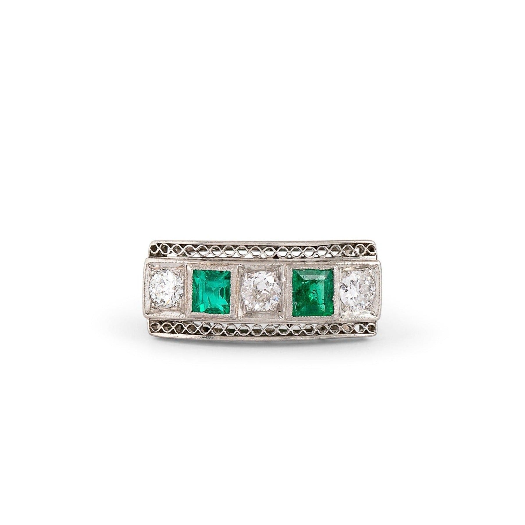 Art Deco Diamond, Emerald, and Platinum Ring