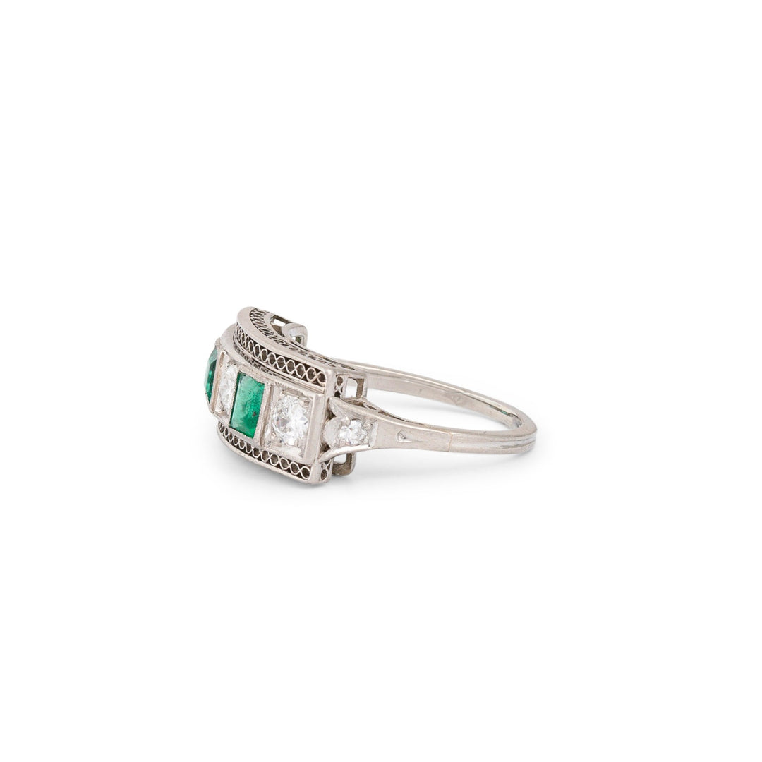 Art Deco Diamond, Emerald, and Platinum Ring