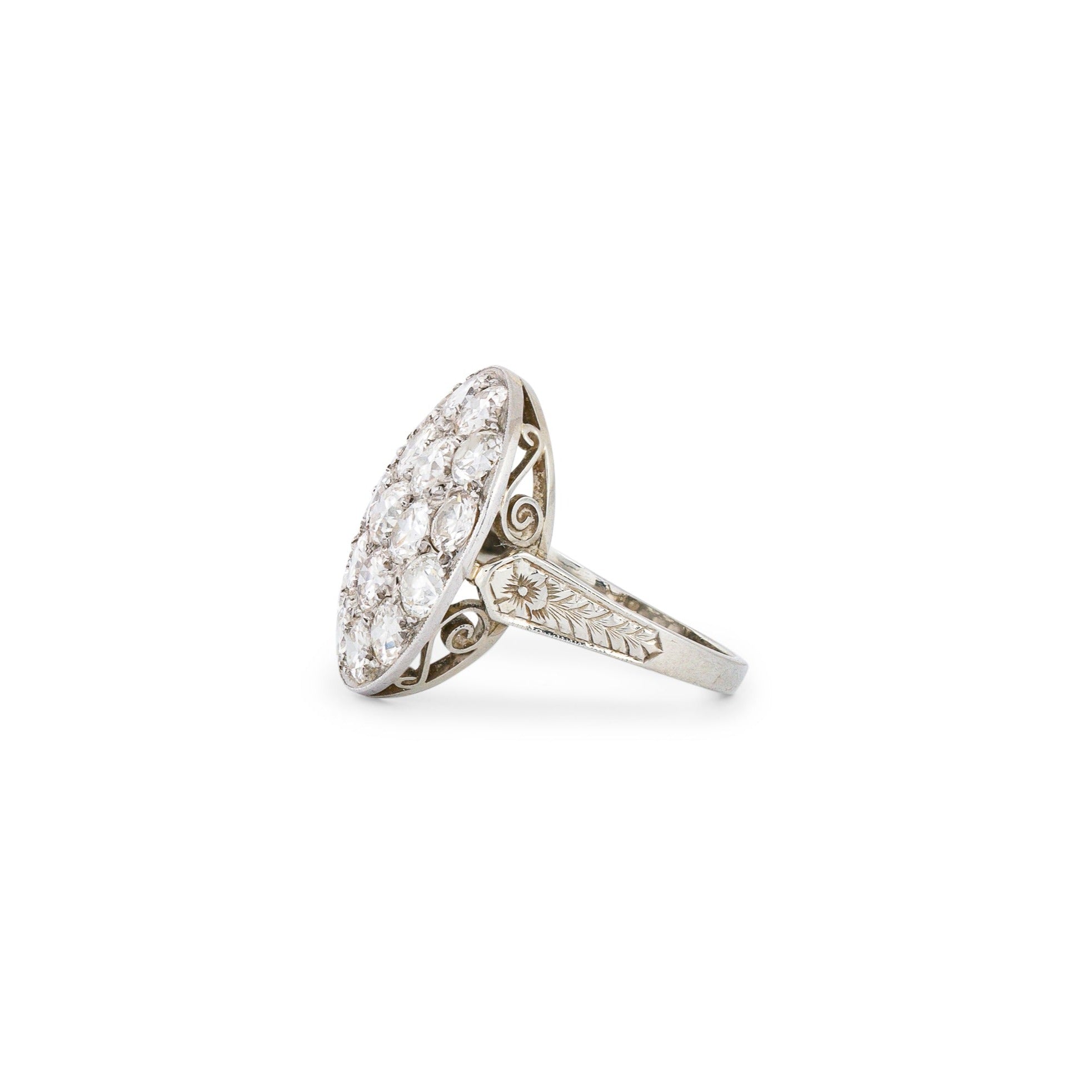 Old European Cut Diamond Pave and 14K Gold Cluster Ring