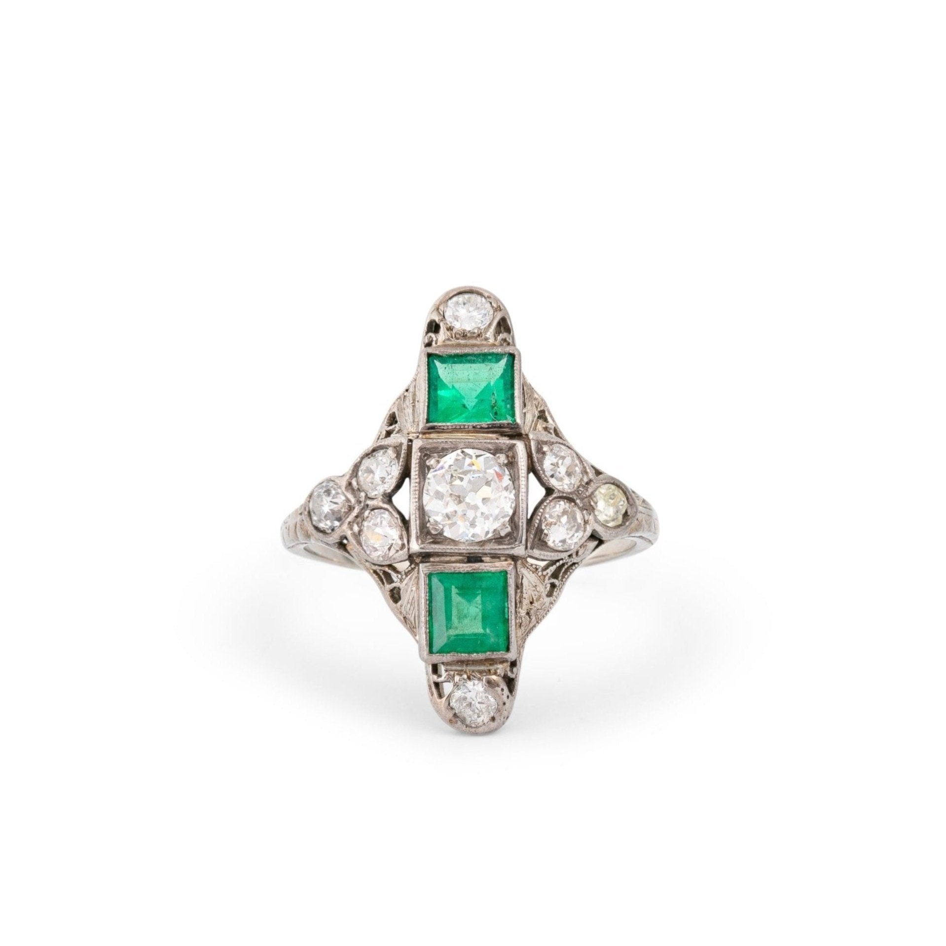 1920s Emerald, Diamond, and 18K White Gold Long Ring