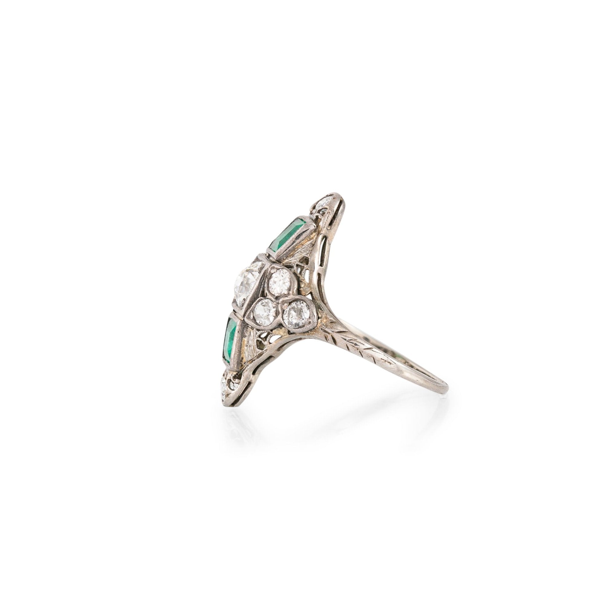 1920s Emerald, Diamond, and 18K White Gold Long Ring