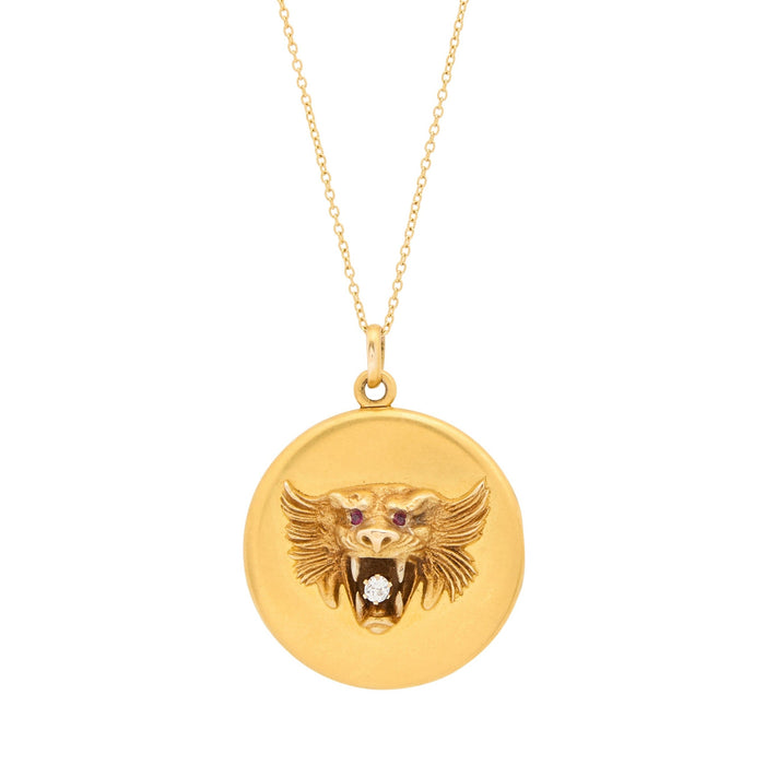 Victorian Lion's Head 14K Gold, Diamond, and Ruby Locket Necklace