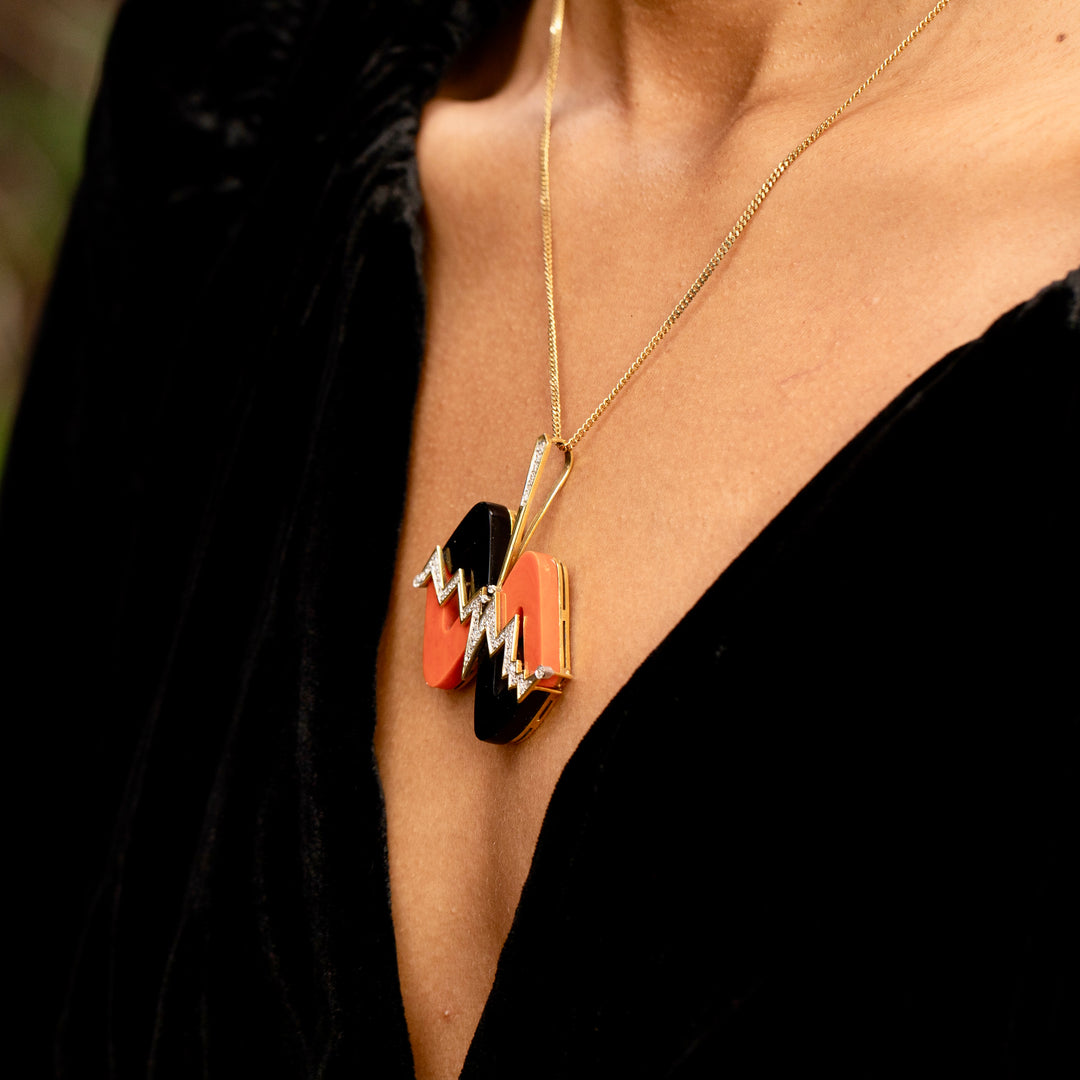 Modernist Wavy Coral, Onyx, Diamond, And 14k Gold Pendant