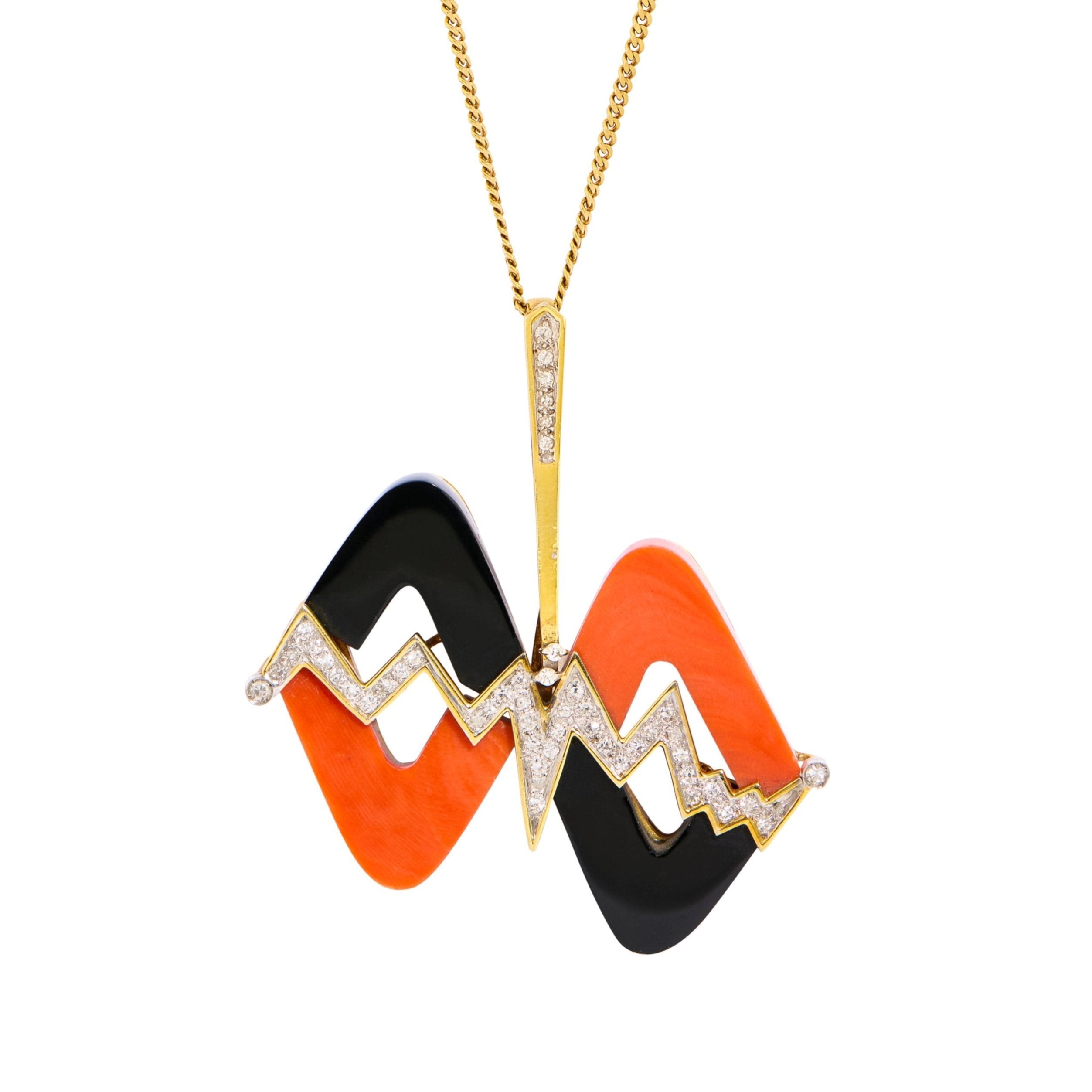 Modernist Wavy Coral, Onyx, Diamond, And 14k Gold Pendant