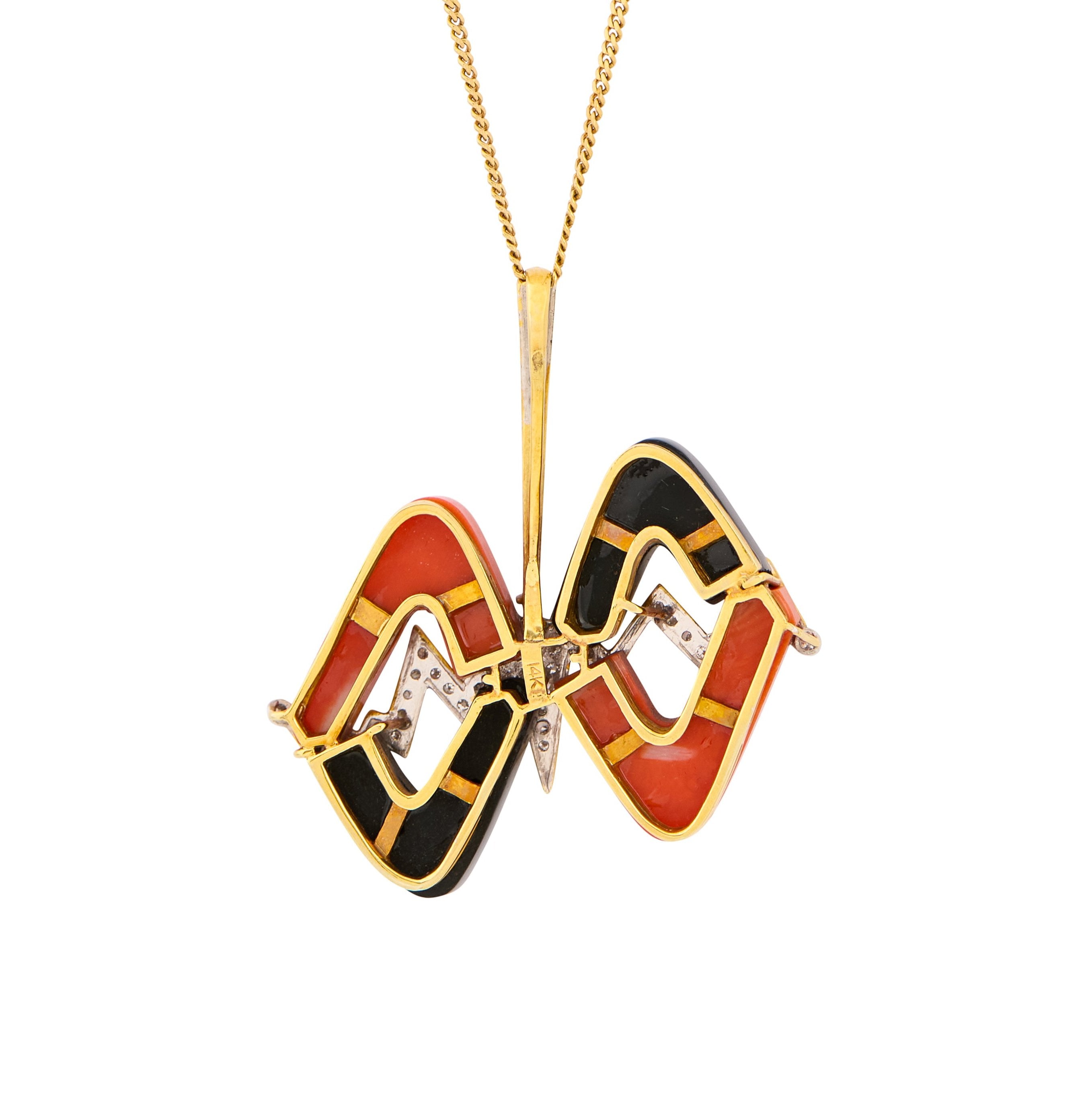 Modernist Wavy Coral, Onyx, Diamond, And 14k Gold Pendant