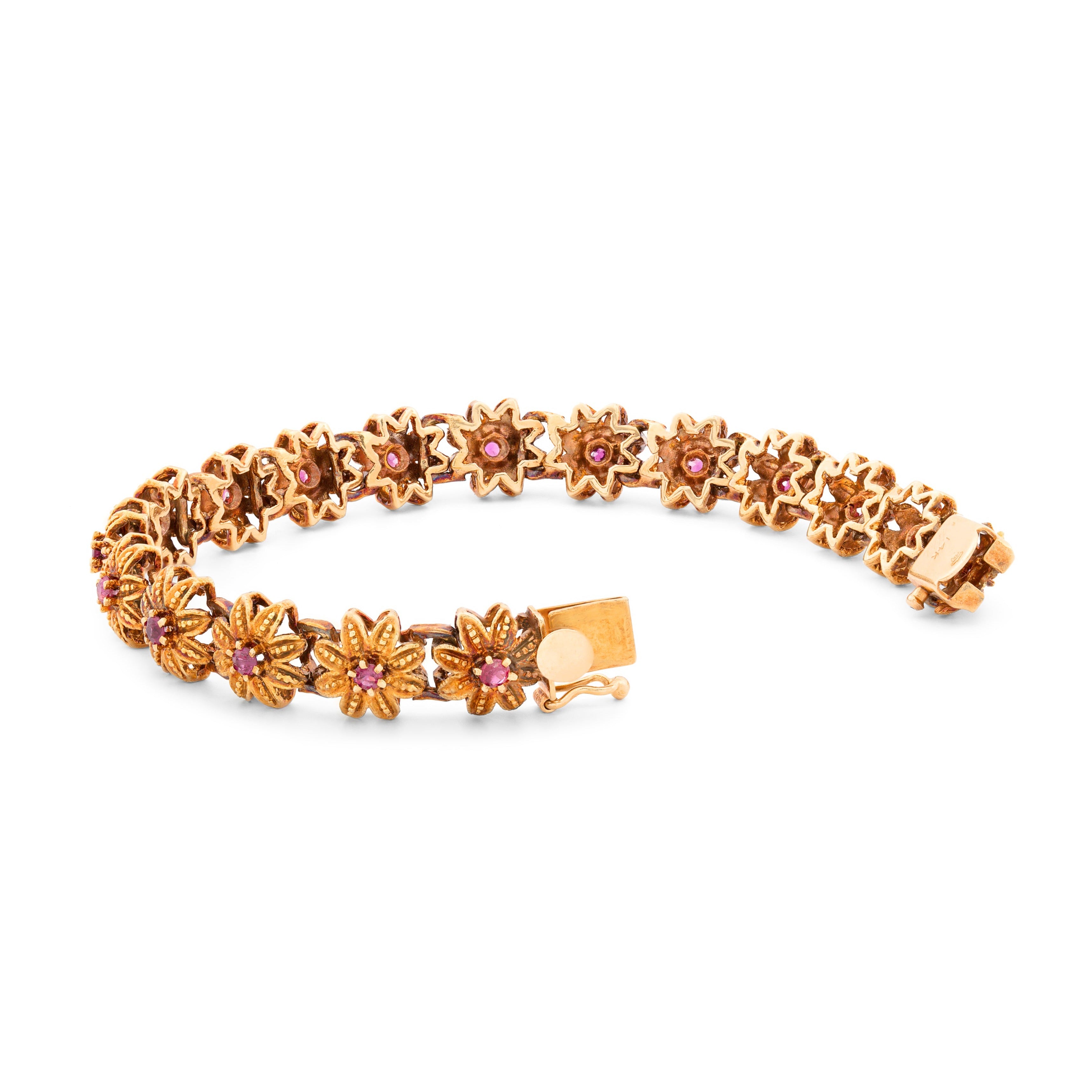 Mid-Century Ruby and 14K Gold Flower Link Bracelet