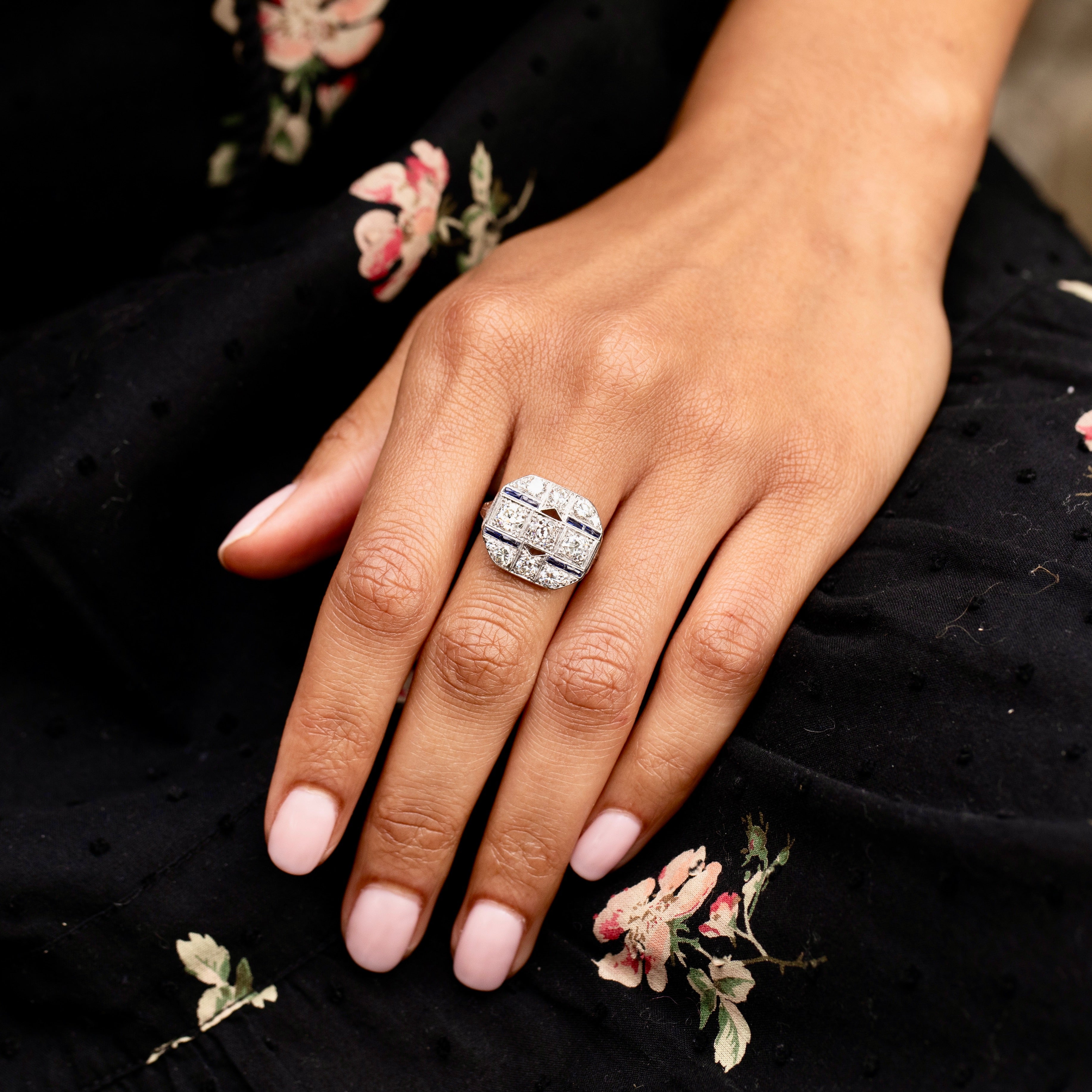 Art Deco Diamond, Sapphire, and Platinum Plaque Ring