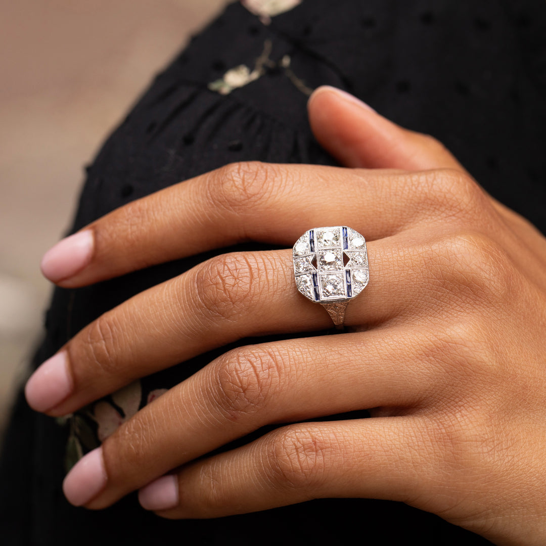 Art Deco Diamond, Sapphire, and Platinum Plaque Ring