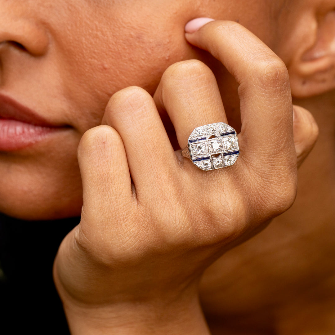 Art Deco Diamond, Sapphire, and Platinum Plaque Ring