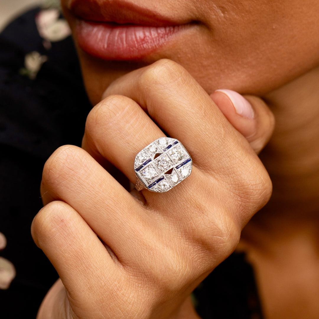 Art Deco Diamond, Sapphire, and Platinum Plaque Ring