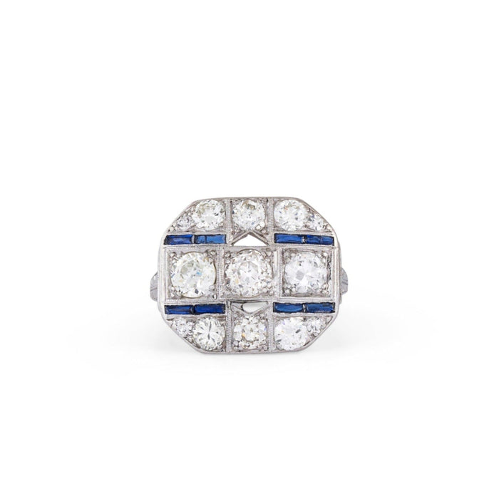 Art Deco Diamond, Sapphire, and Platinum Plaque Ring