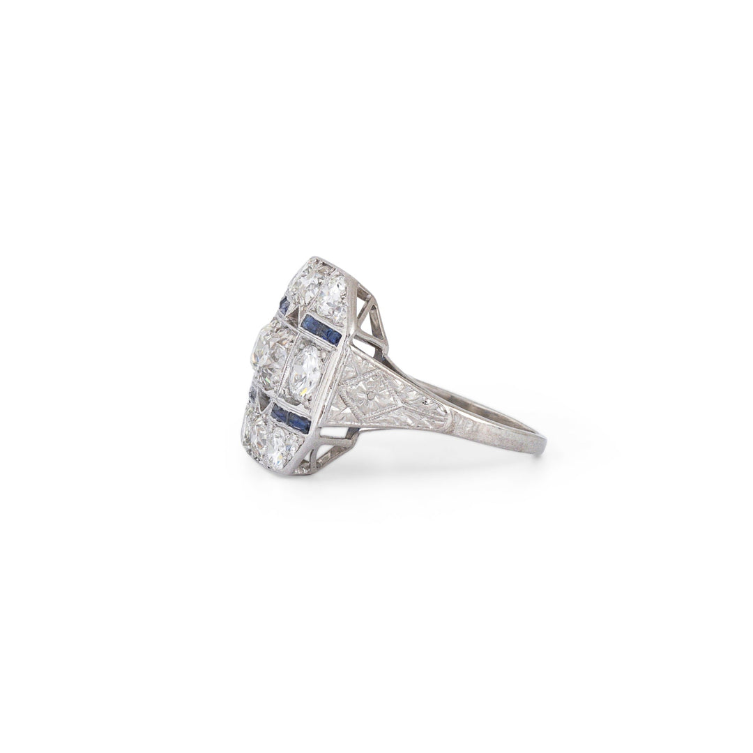 Art Deco Diamond, Sapphire, and Platinum Plaque Ring