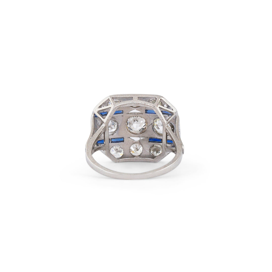 Art Deco Diamond, Sapphire, and Platinum Plaque Ring