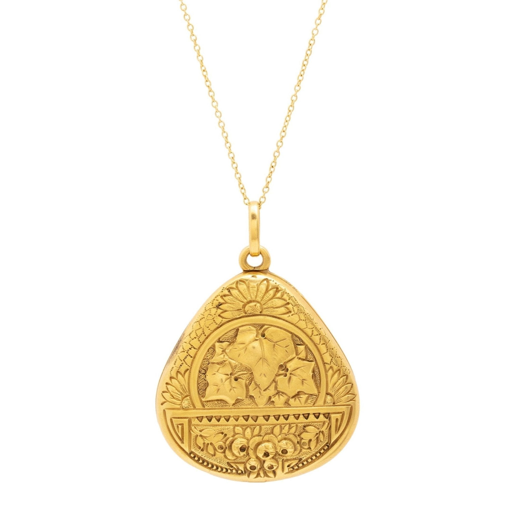 Early 20th Century Floral Embossed 14K Gold Locket Necklace