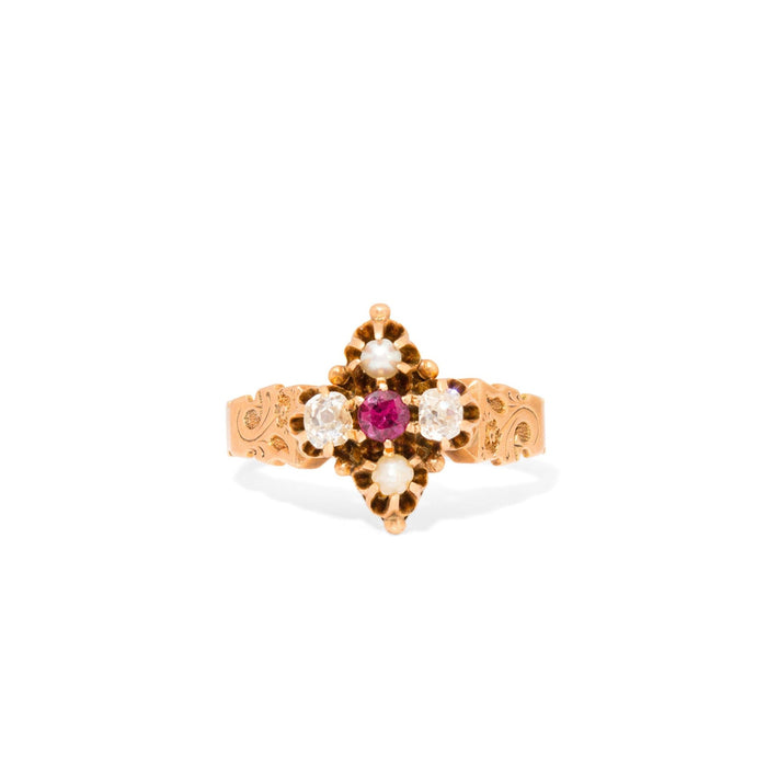 Victorian Ruby, Diamond, and Pearl 14K Gold Ring