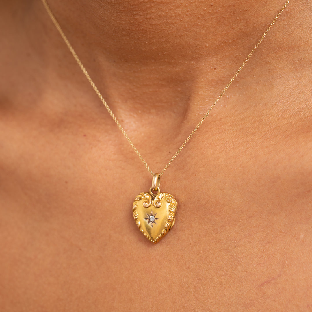 Victorian Diamond And 14K Gold "Marie" Engraved Heart Locket