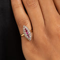 Ruby, Rose Cut Diamond, and 18K Gold Navette Ring