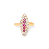 Ruby, Rose Cut Diamond, and 18K Gold Navette Ring
