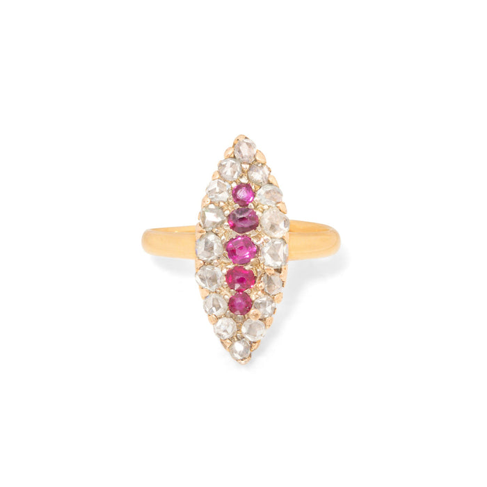 Ruby, Rose Cut Diamond, and 18K Gold Navette Ring