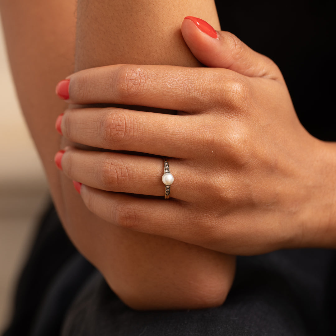 Victorian Pearl, Rose Cut Diamond, and 18K Gold Ring