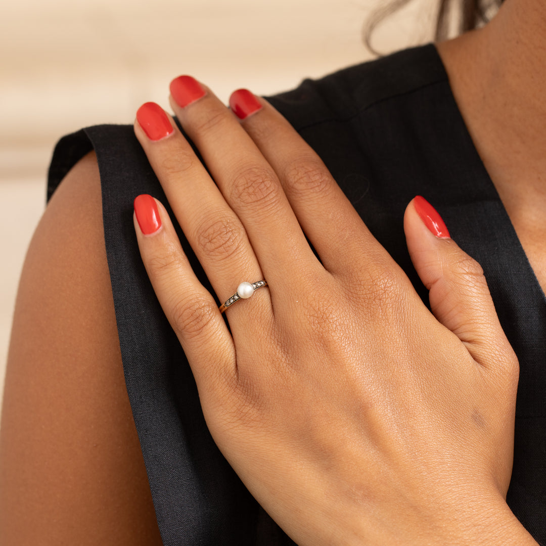 Victorian Pearl, Rose Cut Diamond, and 18K Gold Ring