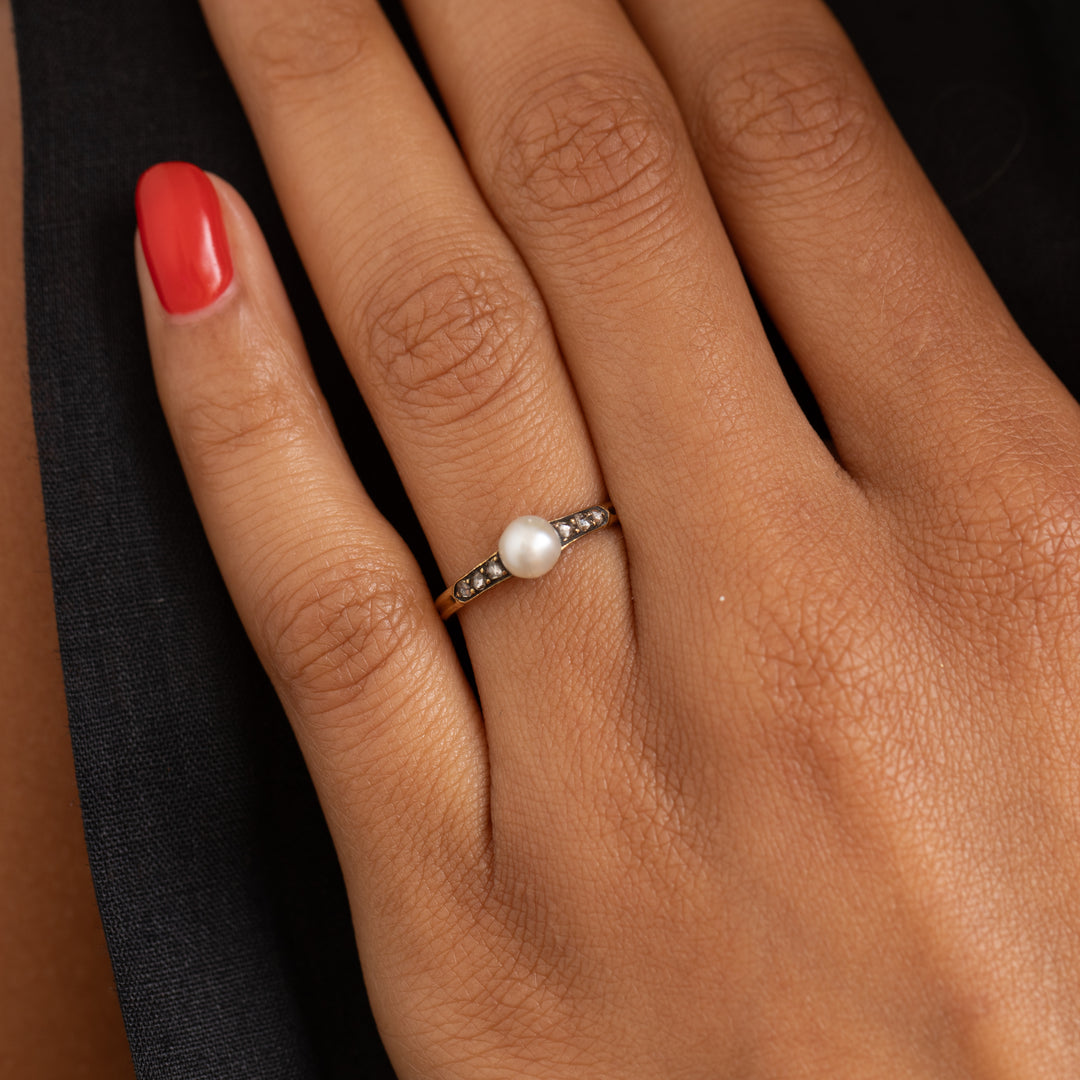 Victorian Pearl, Rose Cut Diamond, and 18K Gold Ring