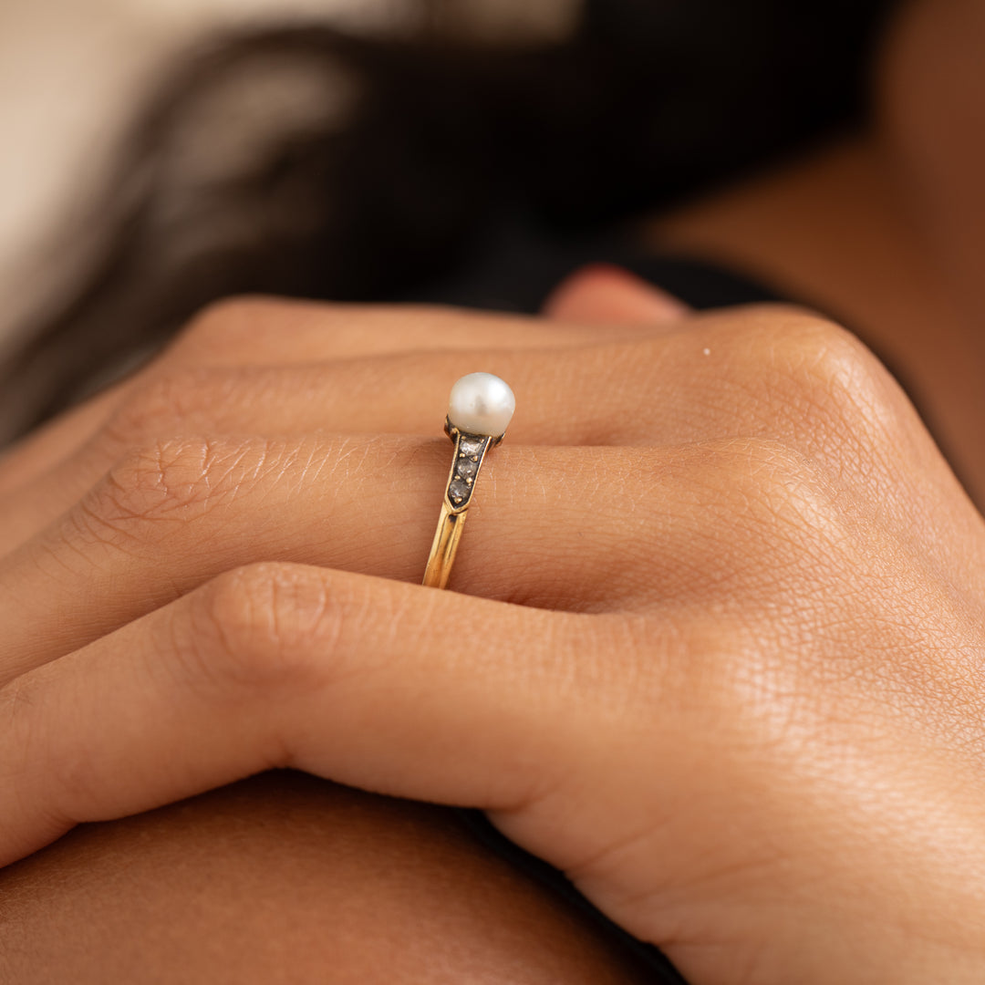 Victorian Pearl, Rose Cut Diamond, and 18K Gold Ring