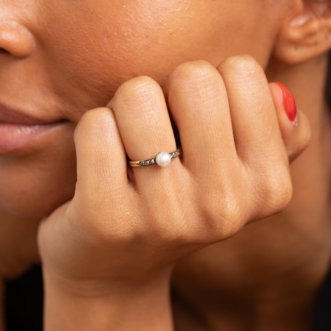 Victorian Pearl, Rose Cut Diamond, and 18K Gold Ring