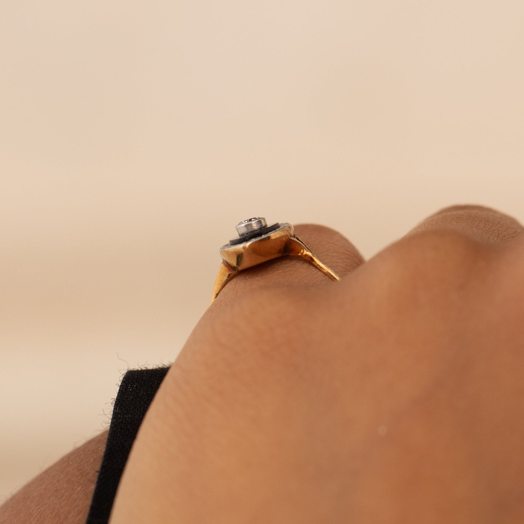 Onyx, Diamond, and 14K Gold Navette Ring