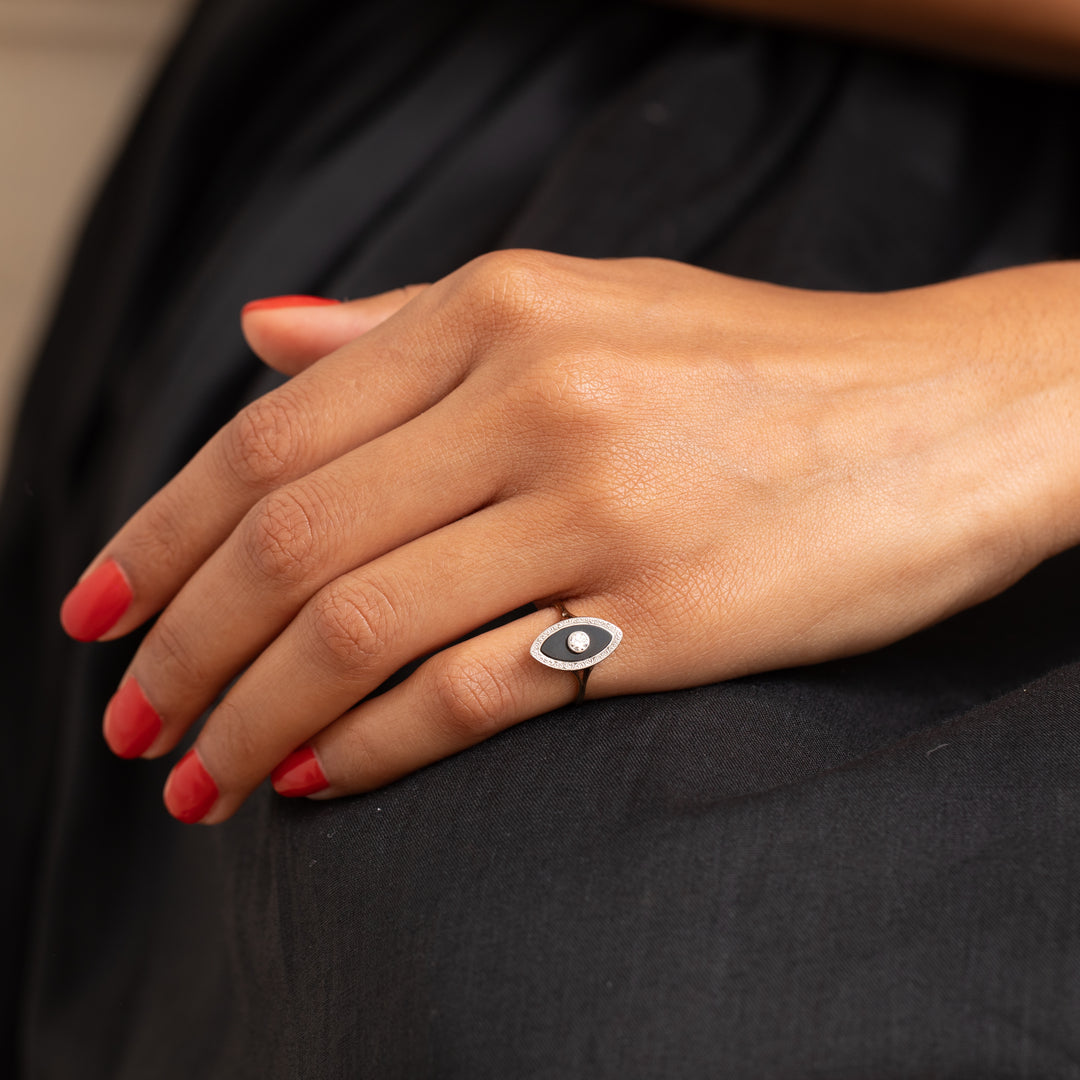 Onyx, Diamond, and 14K Gold Navette Ring