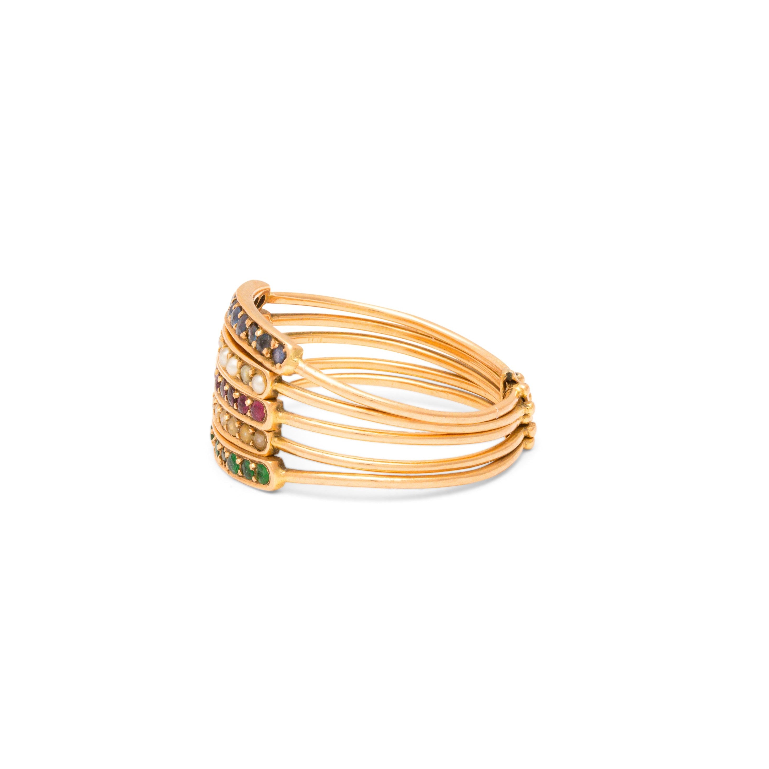 Sapphire, Pearl, Ruby, Emerald and 14K Gold Harem Ring