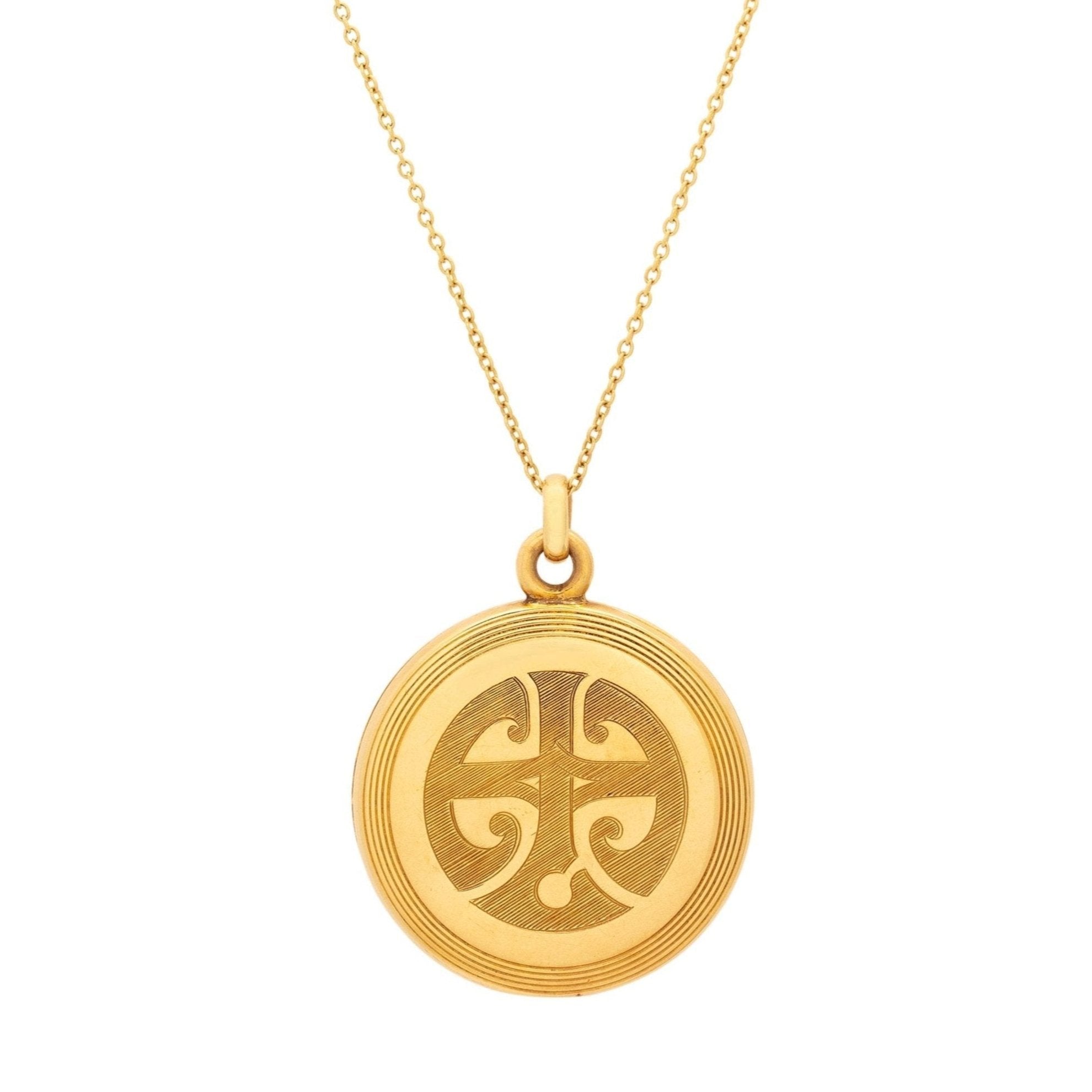 Arts & Crafts Engraved 14K Gold Round Locket Necklace