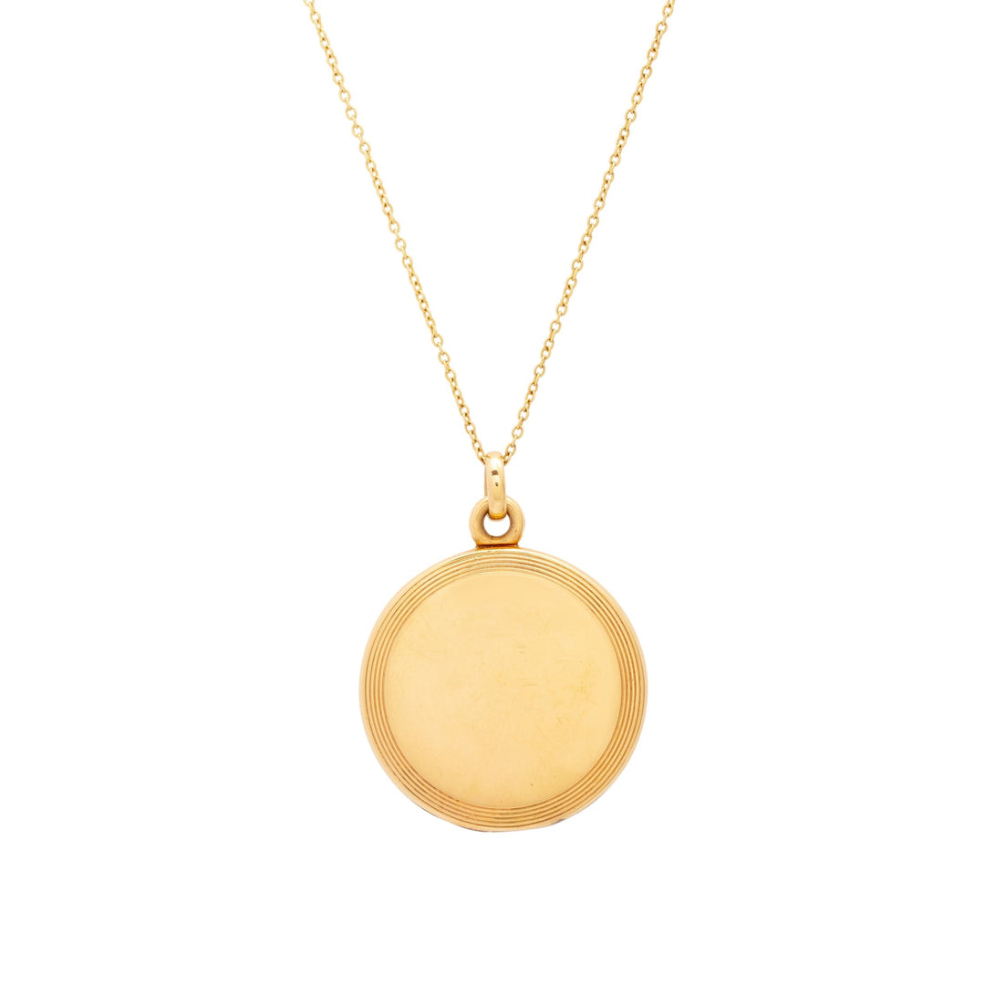 Arts & Crafts Engraved 14K Gold Round Locket Necklace