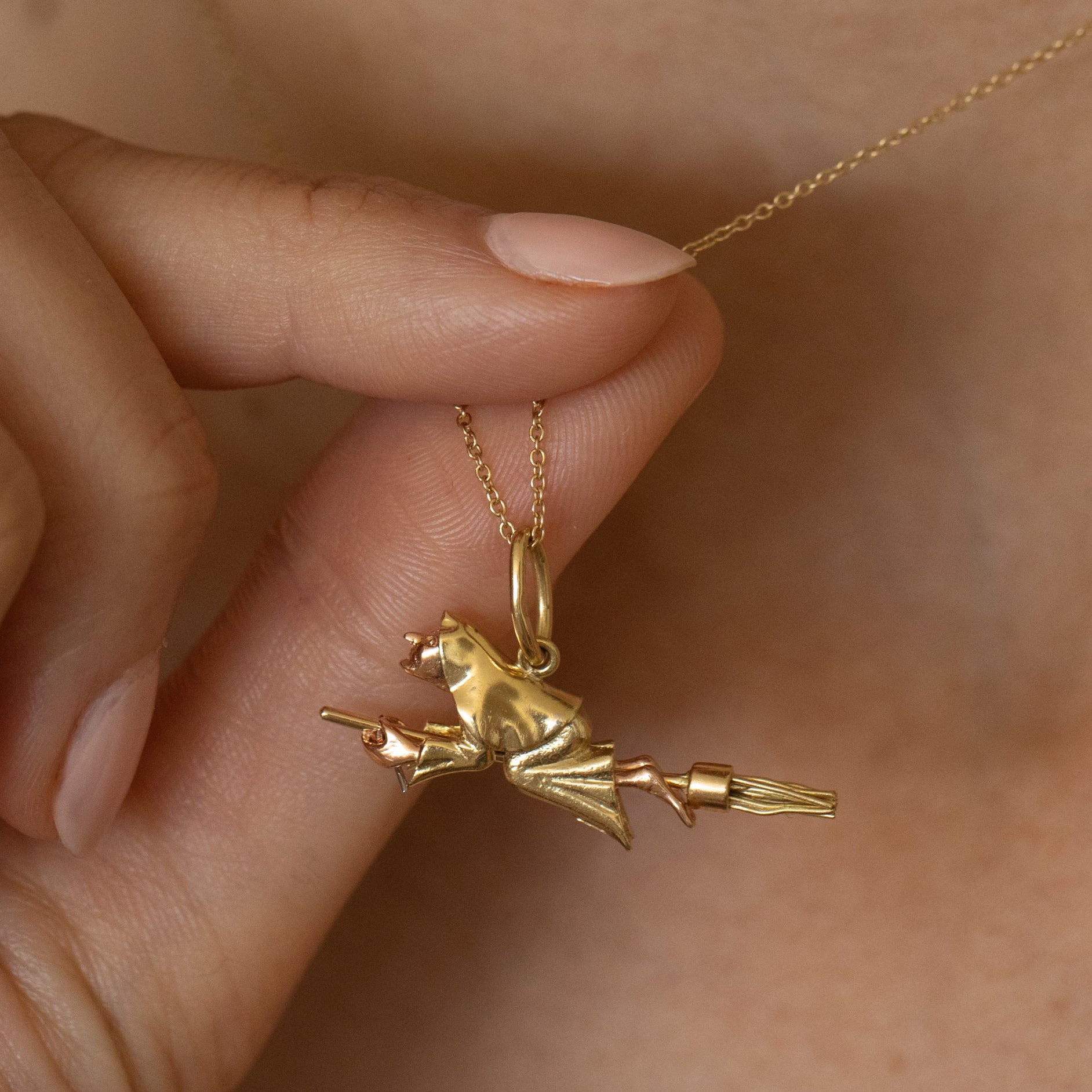 Large 18K Yellow and Rose Gold Flying Witch Charm