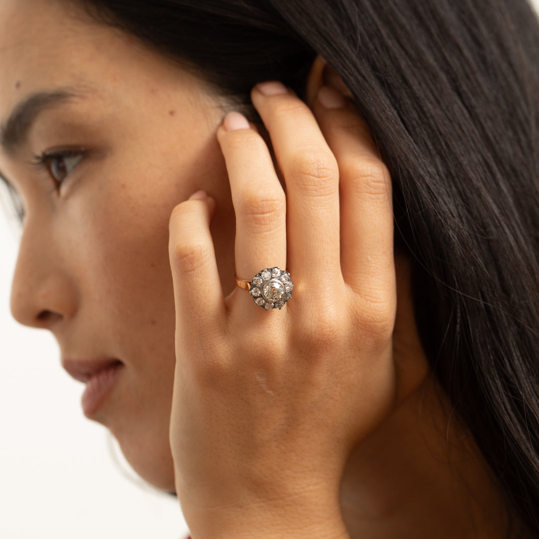 Victorian Old Mine Cut Diamond, 18k Gold, And Silver Cluster Ring