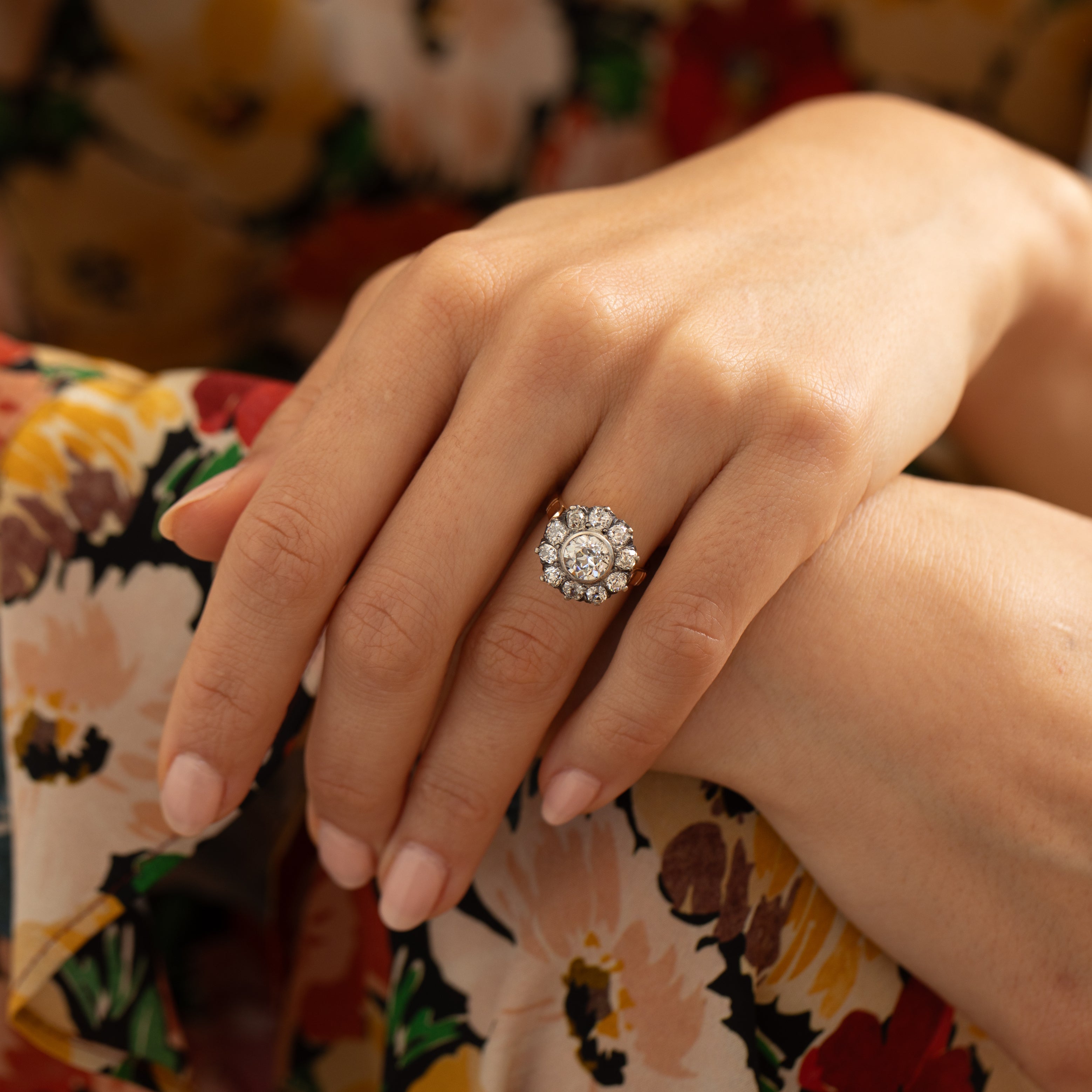 Victorian Old Mine Cut Diamond, 18k Gold, And Silver Cluster Ring