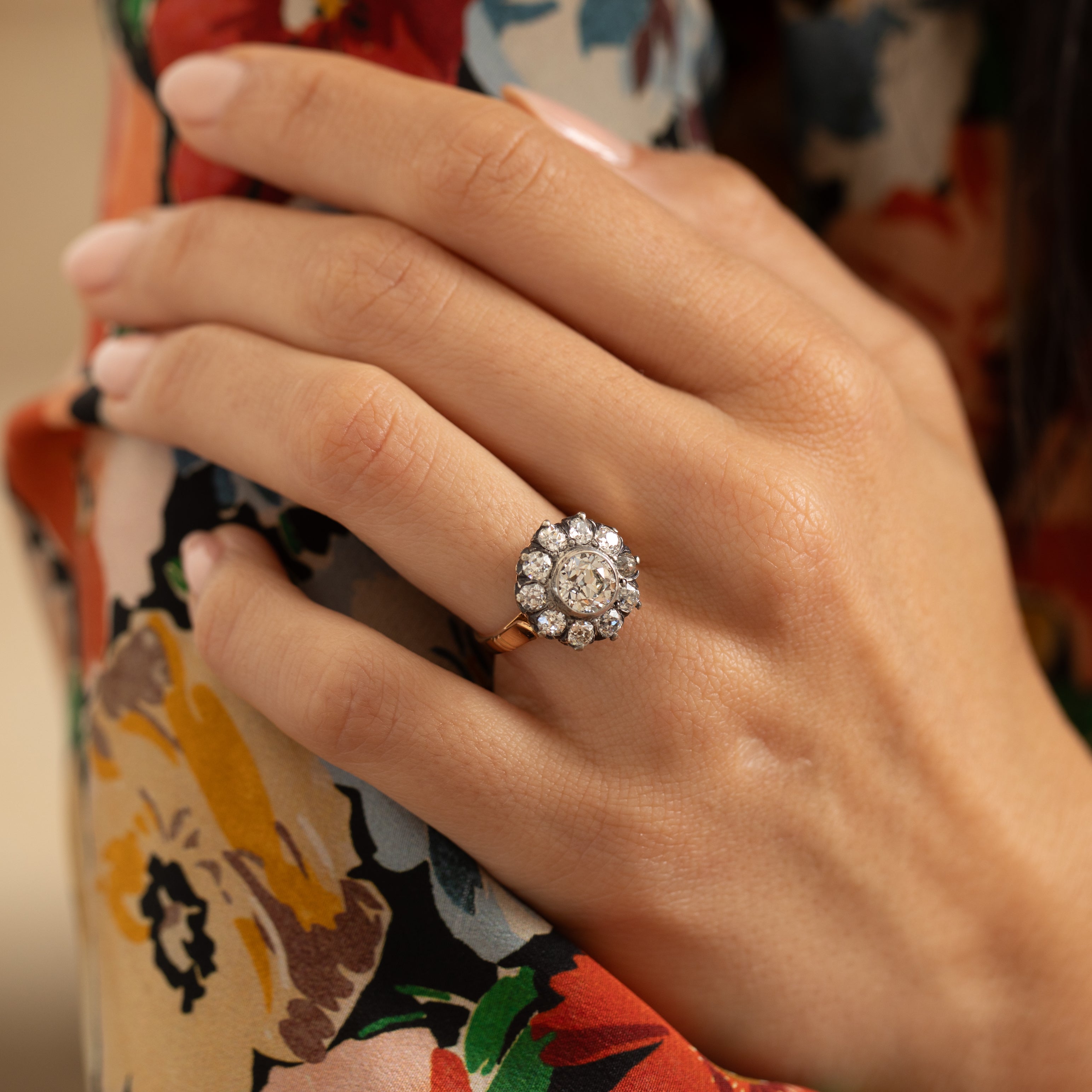 Victorian Old Mine Cut Diamond, 18k Gold, And Silver Cluster Ring