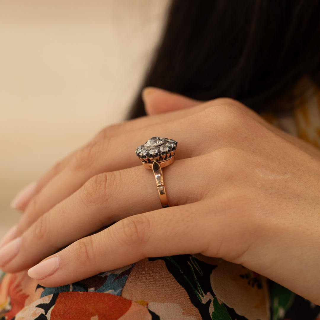 Victorian Old Mine Cut Diamond, 18k Gold, And Silver Cluster Ring