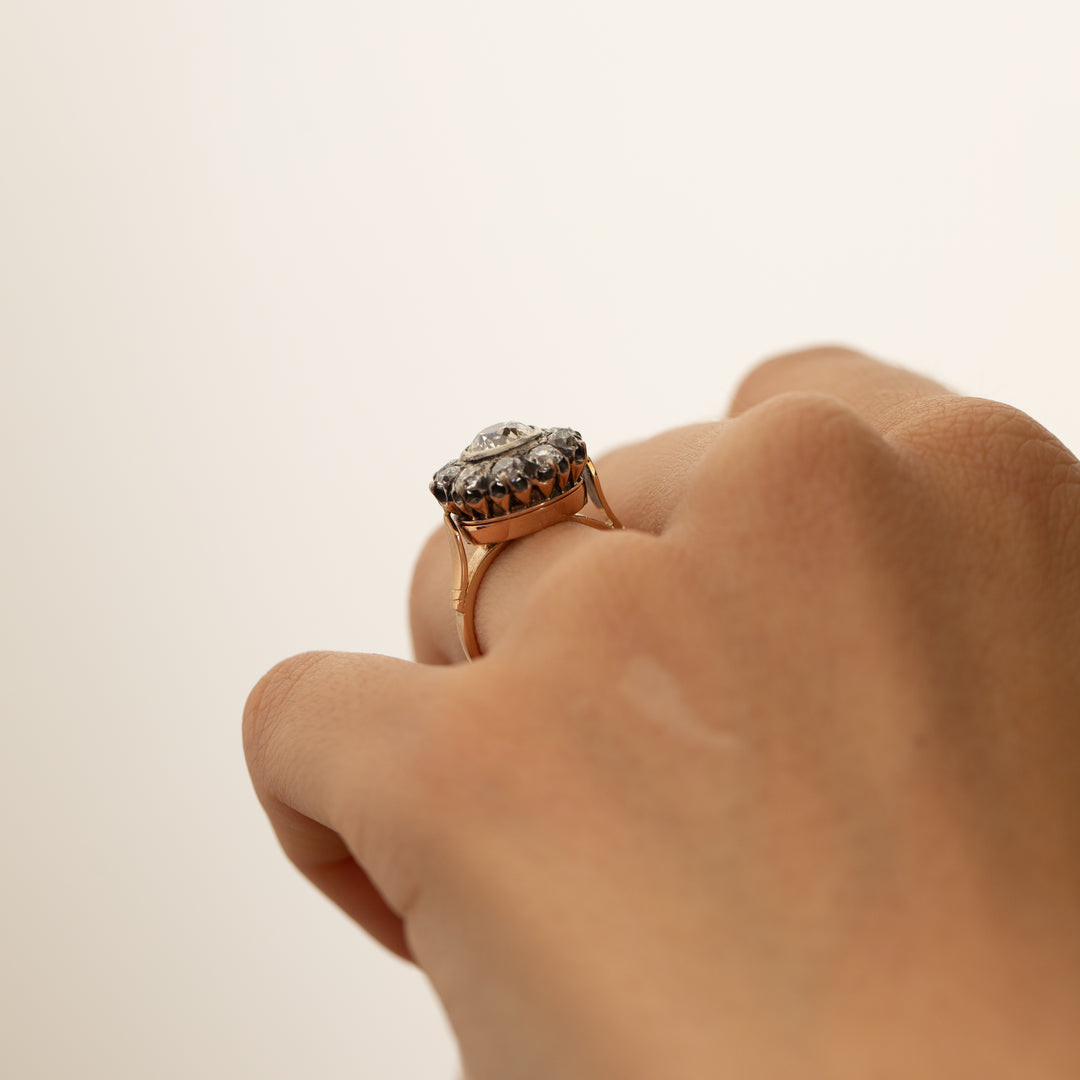 Victorian Old Mine Cut Diamond, 18k Gold, And Silver Cluster Ring