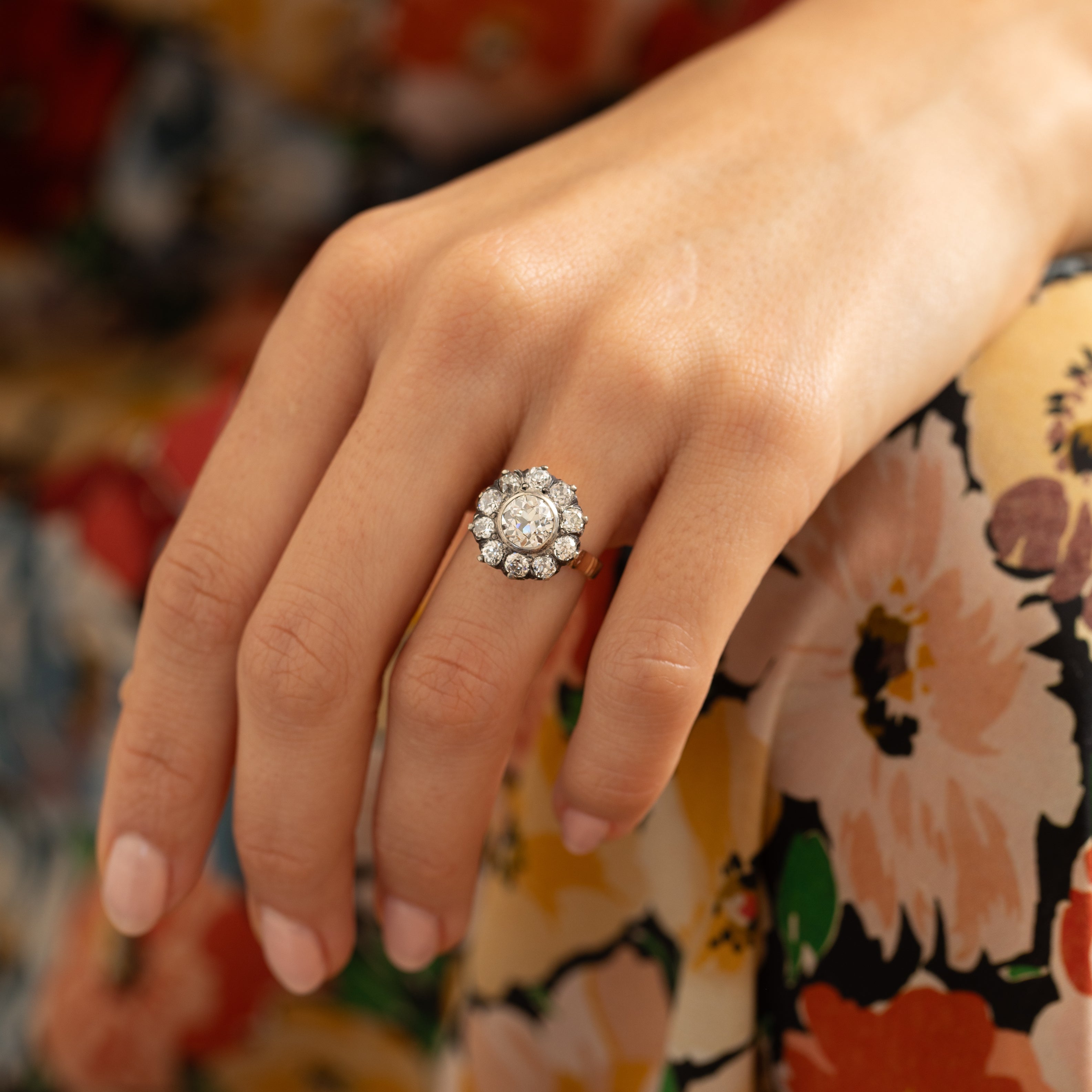 Victorian Old Mine Cut Diamond, 18k Gold, And Silver Cluster Ring