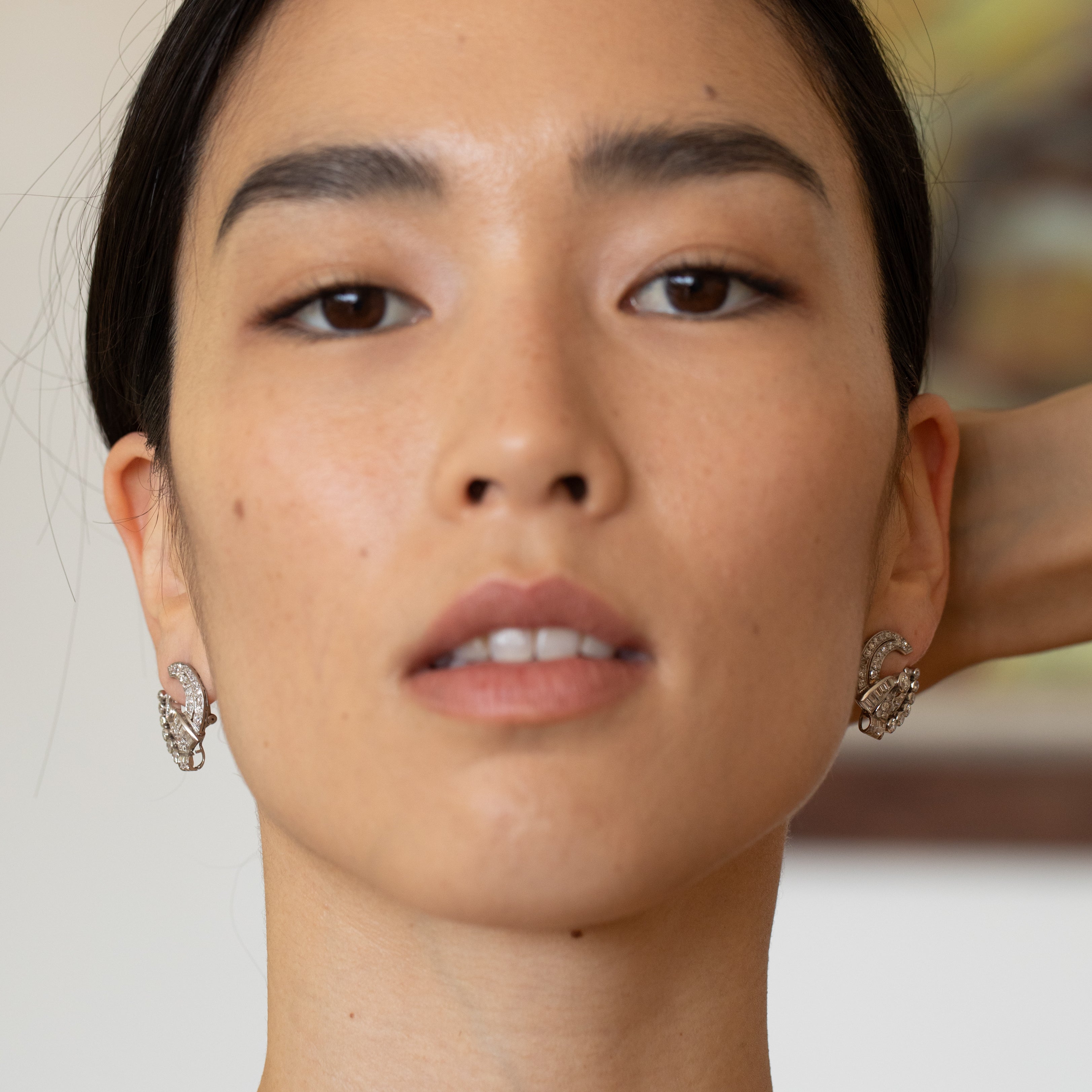 Retro Diamond and Platinum Button Earrings