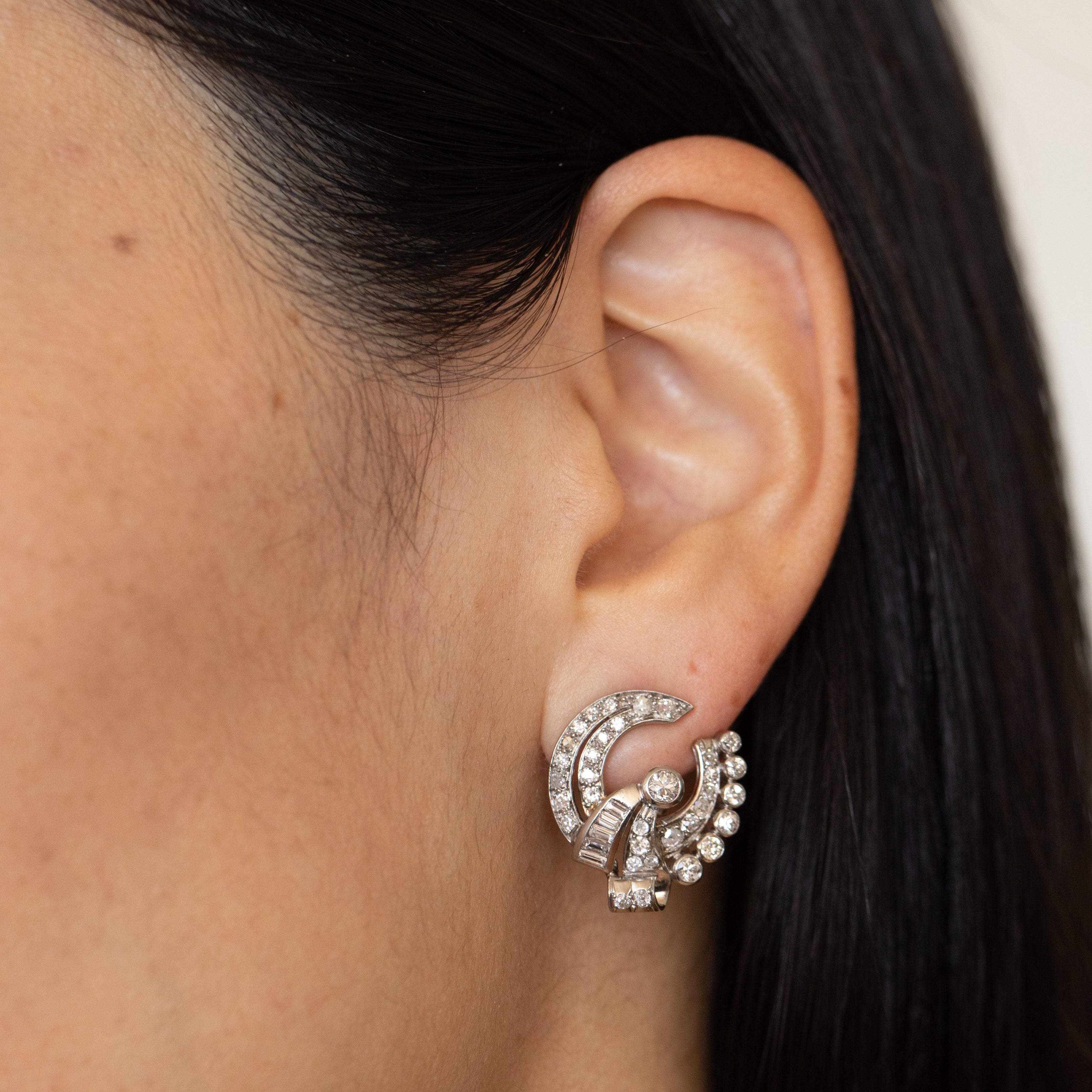 Retro Diamond and Platinum Button Earrings