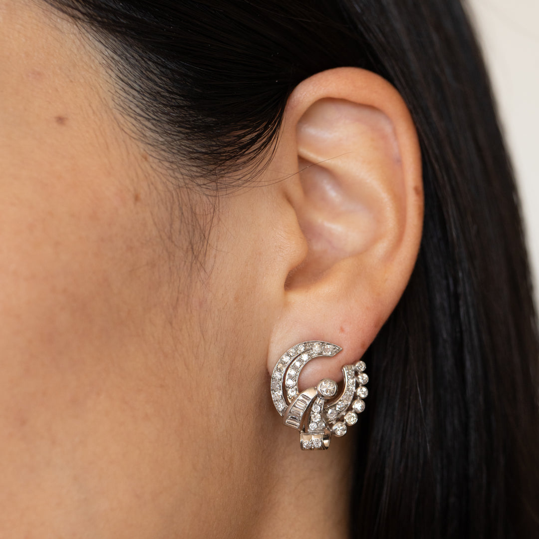 Retro Diamond and Platinum Button Earrings