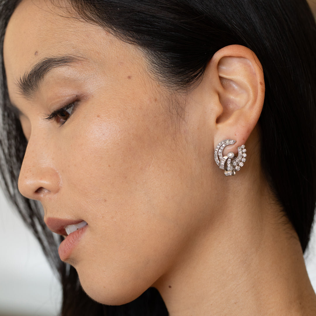 Retro Diamond and Platinum Button Earrings