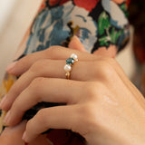 Blue Zircon, Pearl, and 14K Gold Three-Stone Ring