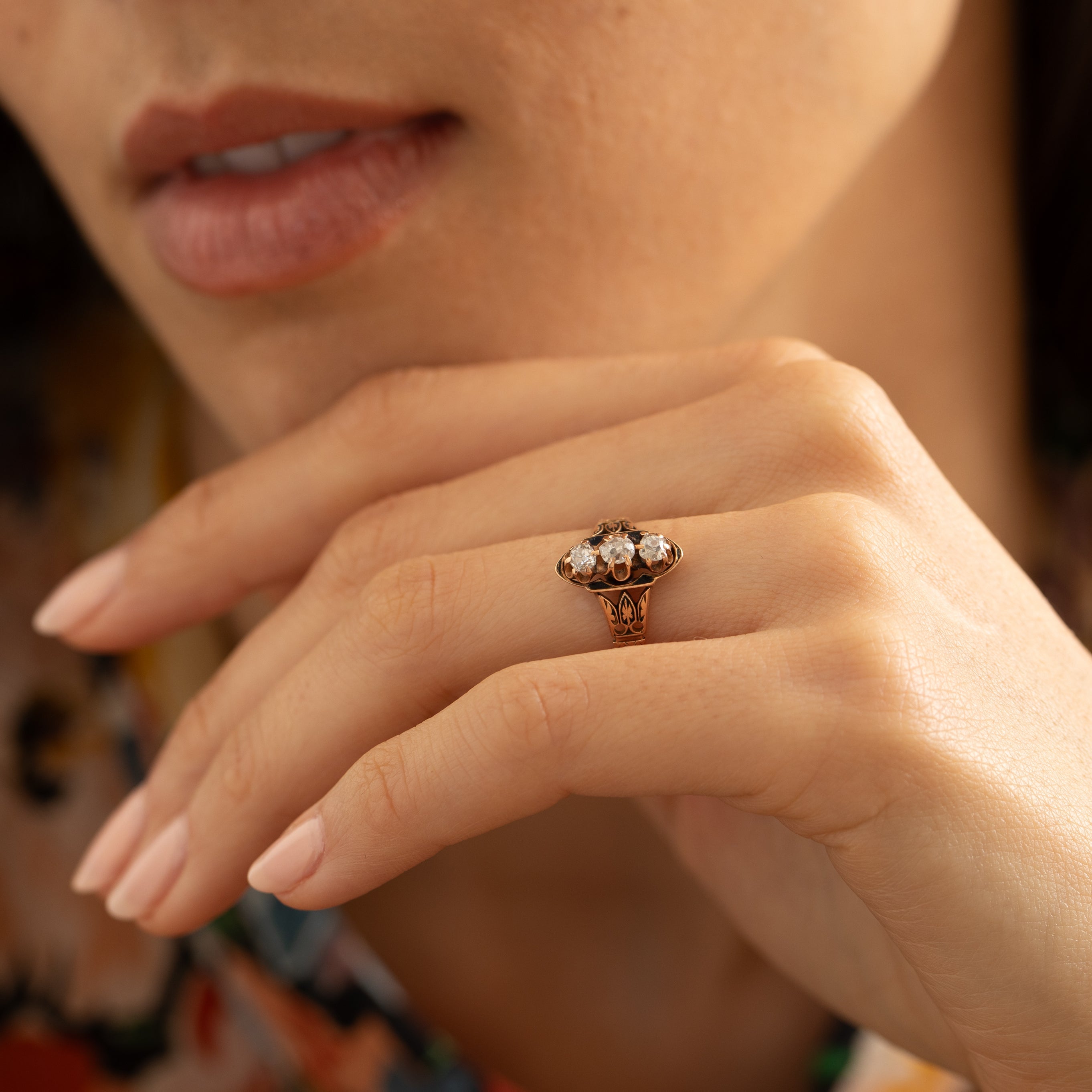 Victorian Old Mine Cut Diamond, Enamel, and 14K Gold Ring