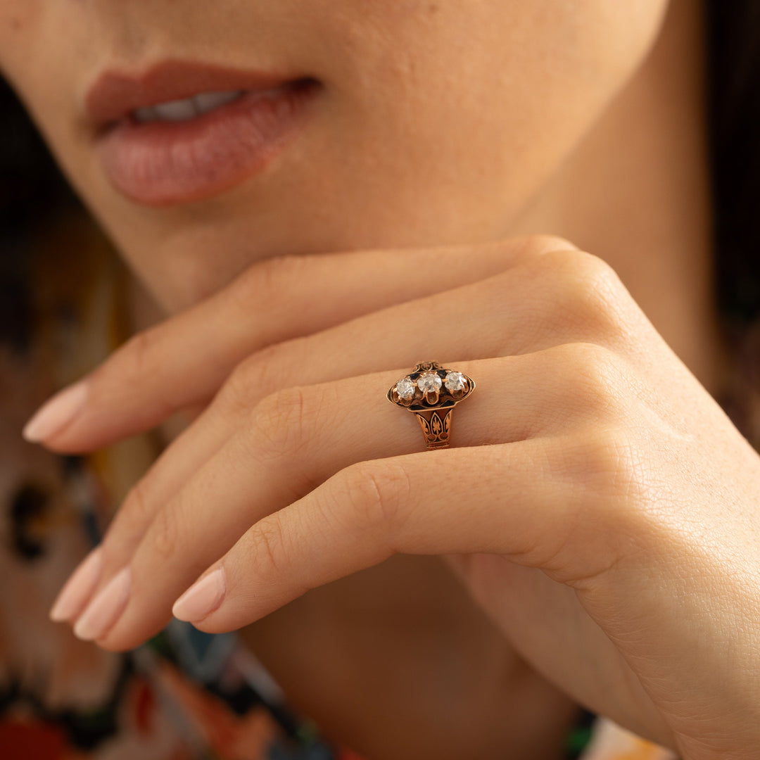 Victorian Old Mine Cut Diamond, Enamel, and 14K Gold Ring